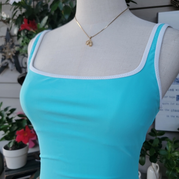 LA BLANCA ♡ Gorgeous Vintage 1pc Aqua Blue 'n White Trim Bralette Swimsuit 8 - Picture 4 of 15